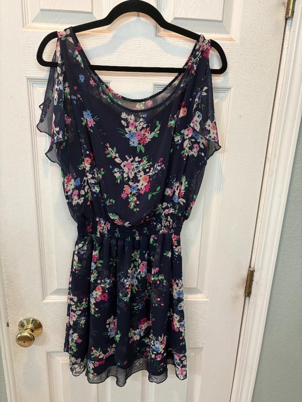 Express Navy Floral Chiffon Mini Dress Flutter Sleeve Smocked Waist Women's L